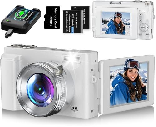 4K Digitalkamera 48MP Autofocus Kompaktkamera Fotokamera mit 32GB Karte, 3 Zoll 180° Flip-Bildschirm, 16X Digital Zoom Kompaktkamera Fotoapparat mit 2 Batterien für Anfänger(Weiß)