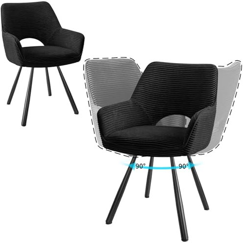 JIJIAN 2er Set Esszimmerstuhl Drehbar mit Armlehne, Drehbar 180°, Küchenstuhl, Moderner Polsterstuhl mit Stoffrückenlehne für Küche, Esszimmer, Schlafzimmer, Schwarz