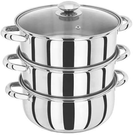 Buystarget 25 cm Deluxe Steamer Cookware Set with Glass Lid & Handles Stainless Steel Pan 3 Tier Pot CAPSULATED Bottom Kitchen Home Cook Chef Healthy Veg Gas, Electric, Solid Cooking Hob
