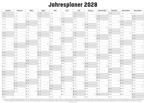 Jahresplaner 2028, Kalender im Format DIN A1 (841x594mm), DIN A2 (594x420mm), DIN A3 (420x297mm), DIN A4 (297x210mm). Wandplaner mit viel Platz für Beschriftungen (DIN A4 (297x210mm))