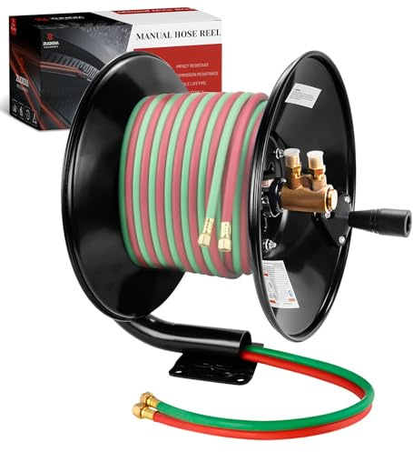 Manual Twin Welding Hose Reel, Holds 100 ft of 3/8 or 1/4 Gas Hose, Heavy-Duty Steel Construction with Universal Mounting Bracket for Wall, Ceiling or Cart