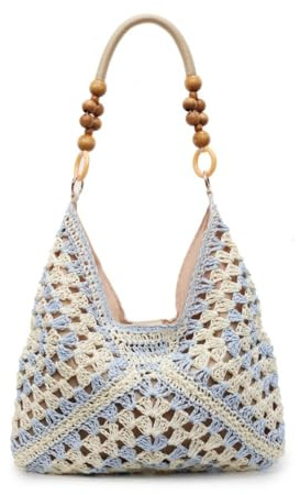 Bolso de mano tejido para mujer, bolso de hombro de paja de gran capacidad, bolso de playa de tejido sólido, bolso cruzado bohemio para vacaciones, Blue, 38*36*3cm