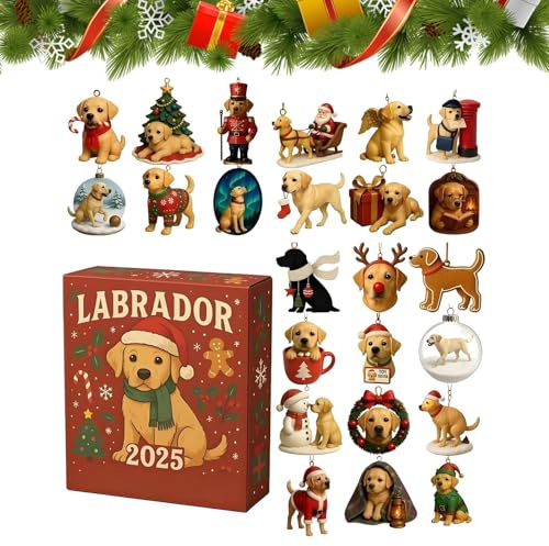 Calendario 'Avvento 2025, 24 giorni di Natale, Labrador Retriever, calendario per conto alla rovescia, 24 pezzi 2D in acrilico, ornamenti da appendere, decorazioni uniche per albero di Natale per