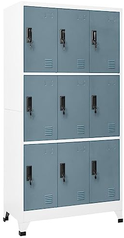 Runheo Schließfachschrank Hellgrau, Dunkelgrau, 90x45x180 cm, Stahl, 9 Fächer abschließbar, Metallschrank für Büro, Schule, sichere Aufbewahrung