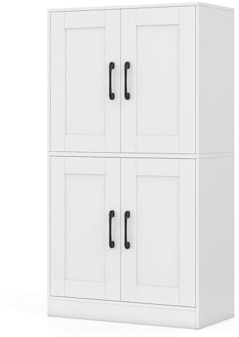 GiantexUK Tall Kitchen Cupboard, Pantry Storage Cabinet with 4 Doors, Adjustable Shelves & Anti-Tipping Device, Freestanding Kitchen Sideboard Units for Dining Living Room (White, 60x30x110cm)