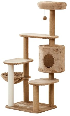 Snoekie Kratzbaum groß, 121 cm hoch, mehrstöckiger Katzenbaum mit Hängemulde, Kuschelhöhle, Spielball & Mehreren Plattformen, Stabiler Plüsch-Kratzbaum, beige-braun