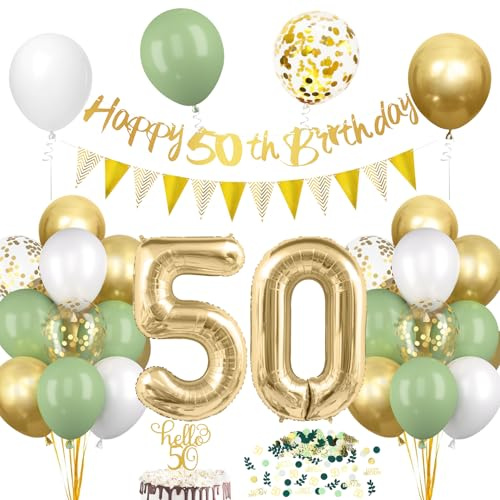 50. Geburtstagsdeko Salbeigrüne, Deko 50 Geburtstags Frau Mann, 50er Geburtstag Luftballon mit Girlande, Geburtstags Tortendeko Grün Gold, 50 Jahre Frau Geburtstag Avocado Grüne Party Ballon