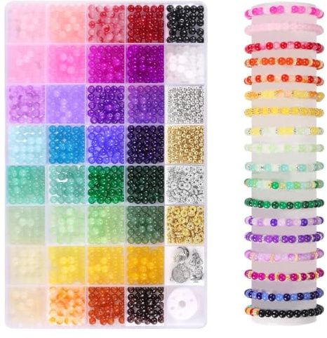 1420 Stück Glasperlen für Armbänder, 6mm Perlen Set, Erwachsene | 34 Farben, zum Auffädeln, DIY Schmuckherstellung Set, Bastelset Armband Selber Machen