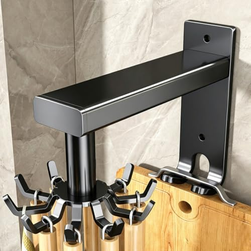 Naapesi Kitchen Utensils Holder 360° Rotating No Drilling Wall Mounted Cooking Utensil Hanging Rack for Spoons, Spatulas, Pots and Pans, Rail Hanger Organizer with 10 Hooks for Kitchen Storage, Black