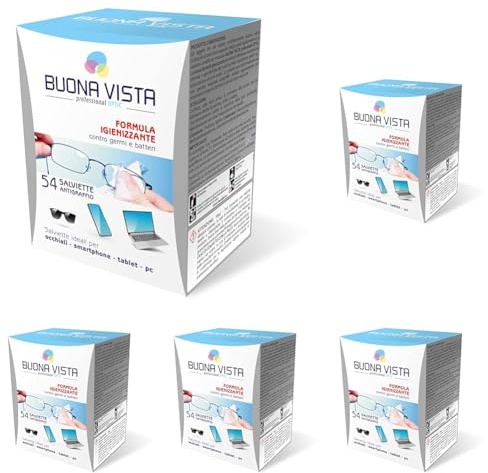 Buona Vista - Salviette Pulizia Occhiali - Con Formula Igienizzante - Speciale Materiale Antigraffio - Monouso - Formato: 54 Salviette Incartate Singolarmente (Confezione da 5)