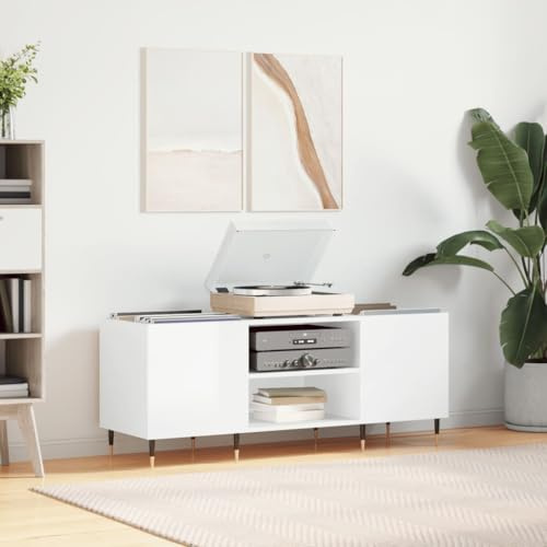 Holepyr Record Cabinet High Gloss White Wood Material with Iron Legs 121 x 38 x 48 cm Storage Space for Vinyl Records Living Room Shelf Sideboard for Home Cinema and Gaming