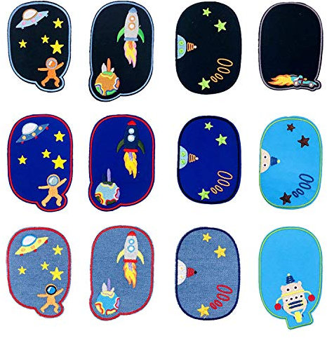 Woohome Flicken Patches, 12 Stück Knie Raum Astronaut Aufbügeln Patches Jacke Jean Kleidung Denim Patches Aufbügeln Repair Patches Kit