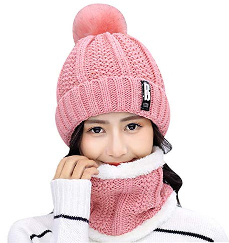 HIDARLING Winter Hats Women Ladies Double Layer Fleece Line Beanie Hat with Bobble Pom Pom Hats (UK, Alpha, M, L, Pink)