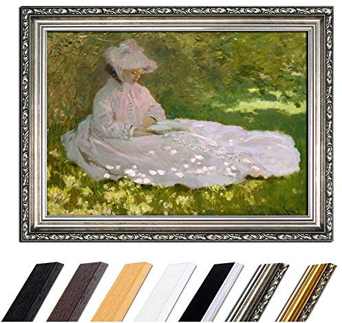 Bild mit Rahmen - Claude Monet Die Lesende 110x85 cm - Gerahmtes Leinwandbild Alte Meister - Antiker Rahmen Silber Barock, Klassisch