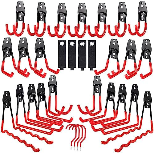 3-H Ganchos de Garaje Resistentes, Paquete de 31 Ganchos de Almacenamiento de Garaje de Acero, Soporte de Pared y Organizador de Herramientas, Cuerdas, Cables(Rojo)