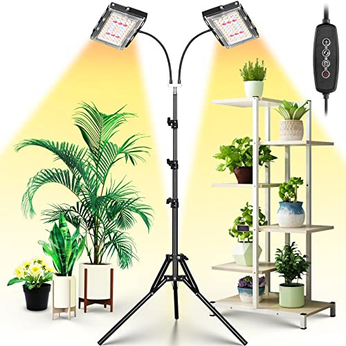 LBW Luz de cultivo para plantas de interior, doble cabezal de espectro completo LED de 200 W, temporizador de encendido/apagado automático, 6 niveles regulables, 3 modos de interruptor, soporte de