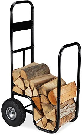 Relaxdays Kaminholzwagen, Brennholzwagen aus Stahl, mit 2 Luftreifen, bis 60 kg, Holztransport & -aufbewahrung, schwarz