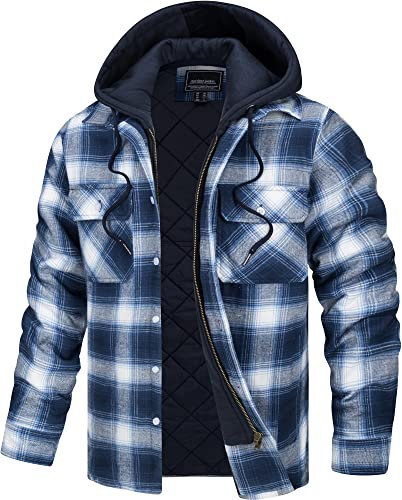 TACVASEN Herren Kariert Hemd Gefütterte Jacke Casual Übergangsjacke Langarmshirts Freizeithemd mit Kapuze, Blau-Weiß, XXL
