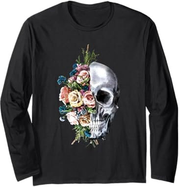 T-shirt à motif tête de mort et roses en sucre pour femmes et filles Halloween Manche Longue