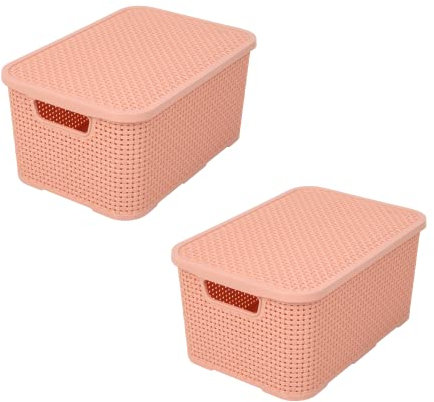BranQ - Home essential Korb mit Deckel in Rattan Design 2er Set Grösse M 10 l, BPA-frei Kunststoff PP, Lachsrosa, 32,3x22,5x15 cm, 2 Stk.