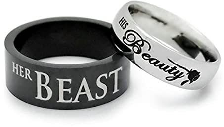 Stfery Fingerring Edelstahl Damen Schrift his Beauty her Beast Ring Frauen Silber Eheringe XXL zum Valentinstag, 49 (15.6)