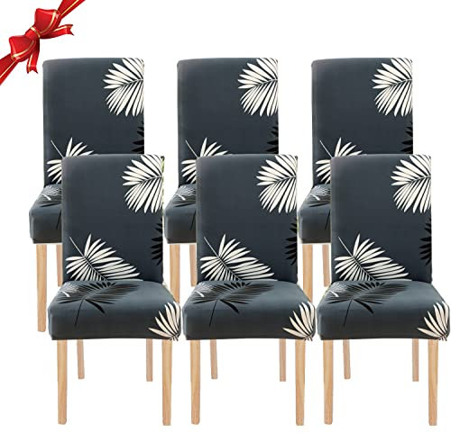 Jaotto Elastischer Stuhlbezug mit Rückenlehne, 6 Stück, Universal-Stuhlbezüge für Esszimmer, Küche, modern, waschbar, abnehmbar, Stuhlbezüge (Schwarze Blätter, 6 Stück)