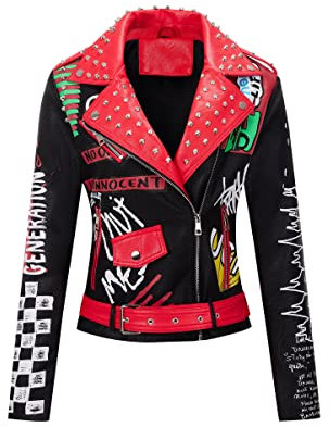 RISISSIDA Frauen Kunstleder Jacke Nieten Frühling Herbst Winter Mode, Moto Biker Trendy Kleidung Streetwear Gürtel, 79 Schwarz-rot, M