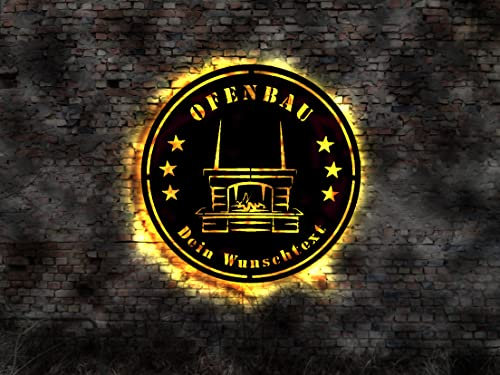 Leuchtreklame Firma Schild Ofenbauer Kaminbauer Visitenkarte Kamin Buch sign Kaminofen Glastür Kaminset Öfen Brennofen Brennholz modern