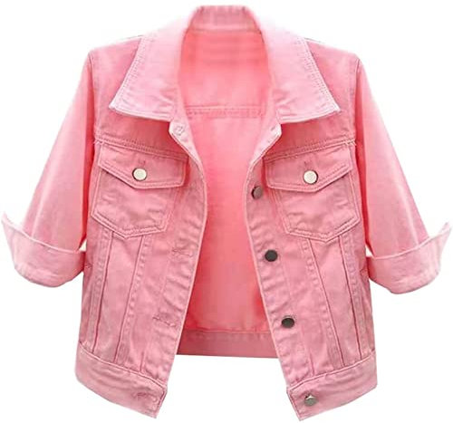 NLAVW Veste en Jean Courte à Manches Courtes pour Femmes Manteau de Vestes déchirées à Manches 3/4,Rose,M