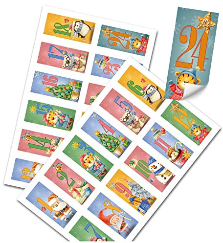 Yabaduu DIY Adventskalender Zahlen zum Aufkleben Nummern 1-24 Selbstklebende Sticker für Weihnachten Weihnachtskalender Selber Basteln Y048 (13 Aquarell Tiere Streifen)