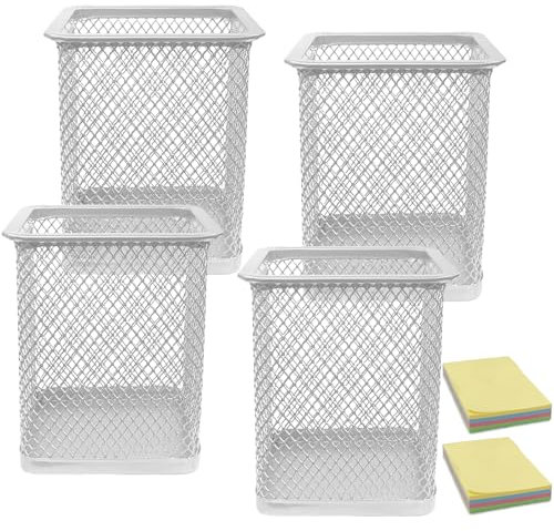 Qualsen Lot de 4 porte-stylos pour bureau - Organisateur de bureau en maille - Pot à crayons - Fournitures de papeterie pour bureau, maison, salle de classe (argent-carré)