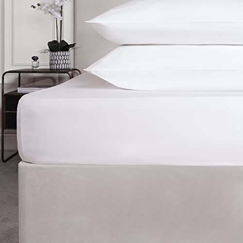 Highams Super King Fitted Sheets, Soft Fabric Bed Sheet, 400 Thread Count, Deep Pocket Fitted, 100% Cotton, Fade Resistant Bottom Bed Sheet - White, 180 x 200 x 30cm