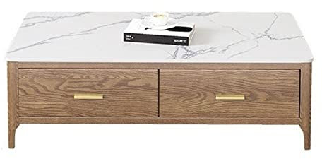 LUCBEI Rustikaler Beistelltisch Couchtisch, Wohnzimmer Moderner Couchtisch mit Schieferplatte und 4 Schubladen, 51,1-Zoll-Rechteck-Cocktail-Beistelltisch aus Holz Runde Akzenttabelle