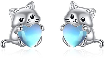 YFN Katze Mondstein-Ohrringe für Frauen Sterling Silber Tiere Katze Ohrstecker für Mädchen (Silber)