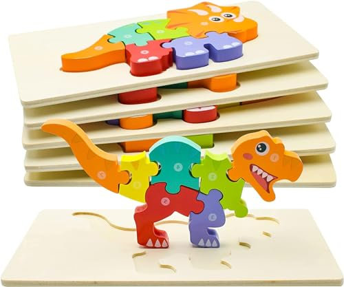 Snxiwth Holzpuzzle für Kleinkinder von 3 Jahren, Montessori Spielzeug für Kinder ab 1-3 Jahren, Hölzerne Dinosaurier Puzzles für Kleinkinder, Geschenk für 2-4 jährige Jungen und Mädchen - 6er-Pack