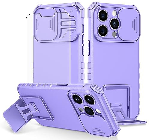 Asuwish Phone Case for iPhone 14 Pro 6.1 inch with Screen Protector and Slide Camera Cover Kickstand Stand Slim Protective Cell Accessories iPhone14Pro 5G i i-Phone i14 iPhone14 14Pro Women Men purple