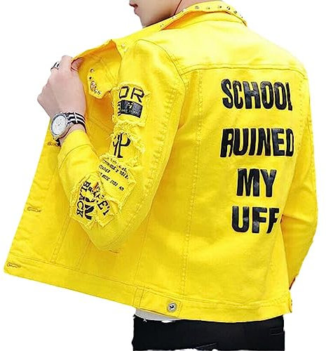 FENGJIAREN Jeansjacke Für Herren,Herren Jeansjacke Im Nieten-Stil, Cowboy-Outwear, Herbst-Jeans-Mantel, Herrenmode, Für Männliche High-School-Studenten, Slim-Fit-Jeansjacke, Oberteile, H