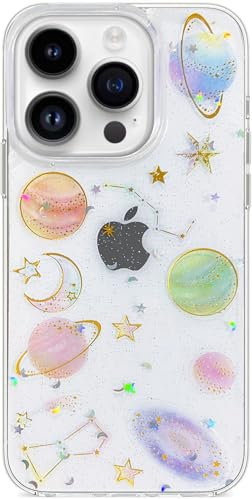 Efitoo for iPhone 15 Pro Case Planet Space Theme Clear Glitter with Stars and Moon Cute Design Bling Sparkle Shiny TPU Kawaii Aesthetic Shockproof Protective Women Girl's Men Phone Cover