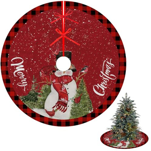 Weihnachtsbaumdecke Rund 120cm, Weihnachtsbaum Deko Natur Jute, Tannenbaum Decke für Weihnachtsbaum Unterlage, Decke Weihnachten Baum Röcke Christbaumdecke Ornamente Dekoration Schmuckband (Rot)