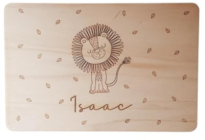 Placa de madera grabada nombre bebé dibujo león