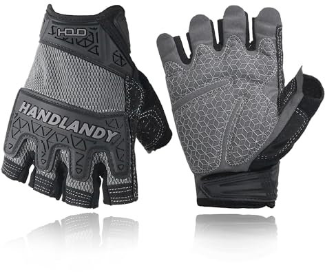 HANDLANDY Fingerlose Arbeitshandschuhe für Herren, Halbfinger-Arbeitshandschuh, rutschfest, stoßdämpfend, atmungsaktiv, Uwrist TPR, Anti-Kollisions-Handschuhe grau L