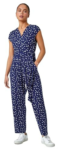 Roman Petite Polka Dot Stretch Jumpsuit for Women UK - Ladies Everyday Autumn Winter V-Neckline Comfy Soft Evening Vacation Work Party Night Out - Petite Polka Navy - Size 12
