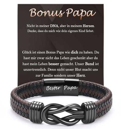 FAOMZQ Bonus Papa Geschenk, Lederarmband mit Gravur für Bonus Vater, Bester Bonus Papa Armband Geschenke zum Vatertag Geburtstag Weihnachten