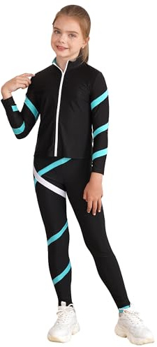 Xnihocha Kinder Sportbekleidung Mädchen Trainingsanzug Eislaufen Set Langarm Sportjacker + Sporthosen Zweiteiliges Laufen Fitness Outfits Blau Grün 134-140