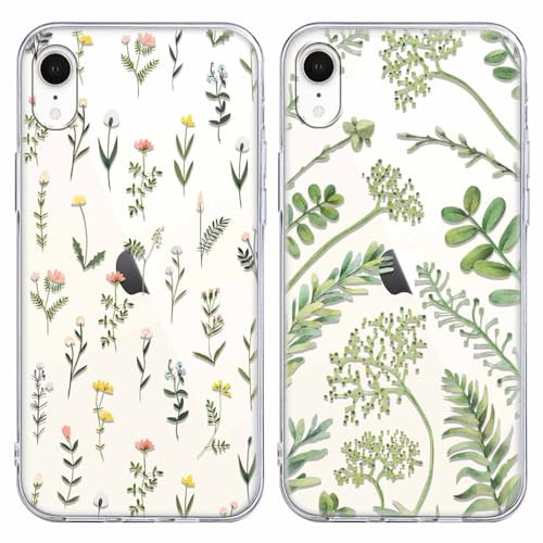 Foonary 2 Pack Clear Leaf Print Phone Case Compatible with iPhone XR 6.1,Soft Silicone with Flower Design Aesthetics Transparent Pattern Cases, Shockproof Bumper Protector Cover