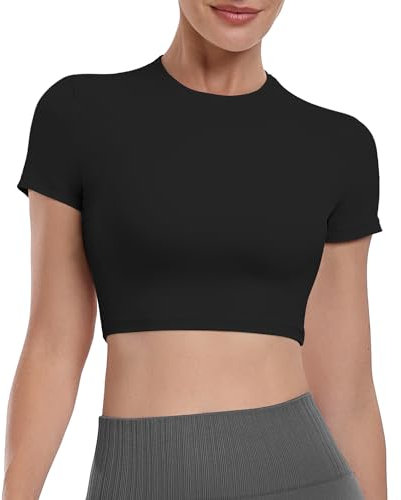 Yaavii Sport Oberteile Damen Kurzarm Gym T-Shirts Crop Top Bauchfrei Sportshirt Fitness Schwarz M