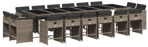 vidaXL Garten Essgruppe 17-TLG., Gartenmöbel Set mit Kissen, Gartengarnitur Tisch 16 Stühle, Sitzgruppe Sitzgarnitur, Grau Poly Rattan