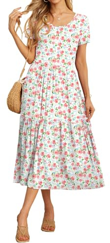 GRECERELLE Womens Summer Maxi Dress Casual Short Sleeve Crew Neck Swing Flowy Tiered Party Dresses with Pockets for Weddings, Holidays