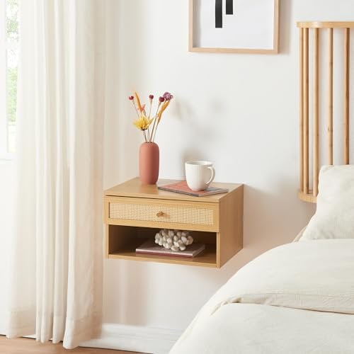 [en.casa] Wandregal Eiker Schweberegal Hängeregal mit Schublade Nachttisch hängend schwimmendes Regal Wandboard schwebende Nachtkommode Nachtschrank Nachtkonsole 40 x 32 x 23 cm Eiche/Rattanoptik