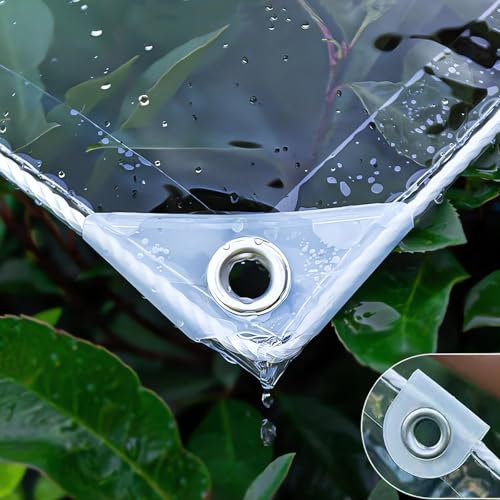HQQMNY Bâche imperméable et Transparente avec œillets en PVC 0,3 mm 400g/㎡ Protection Contre la Pluie et Les intempéries pour Meubles de Jardin, Plantes, tonnelle,3,6m x 8,2m